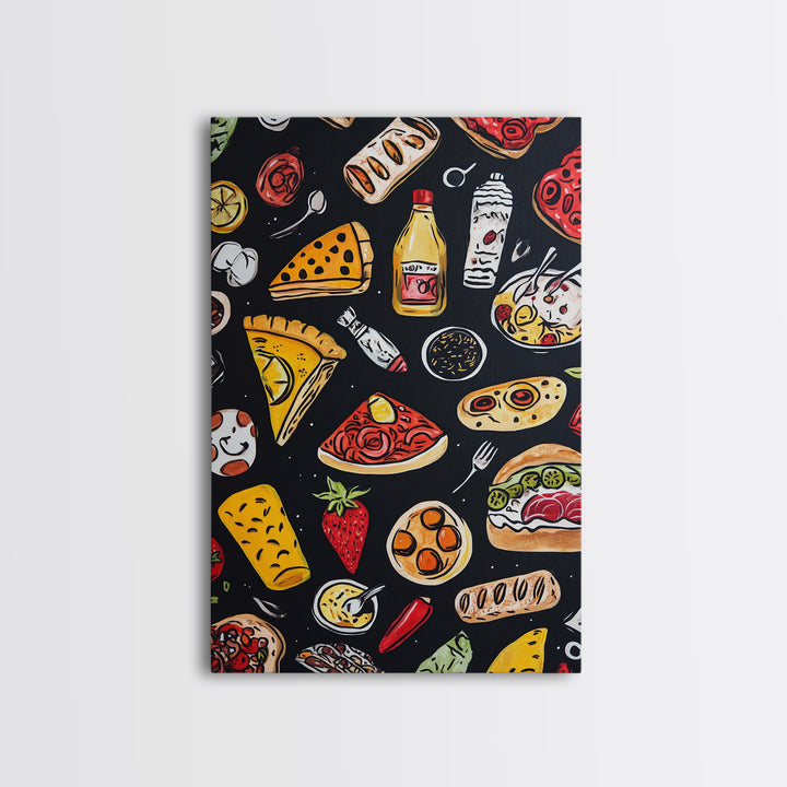 Cute Funky Kitchen Art, Kawaii Wall Art, Kawaii Decor, Restaurant Decor, Kitchen Painting, Dining Room Wall Art, Pizza, Hot Dogs Etc