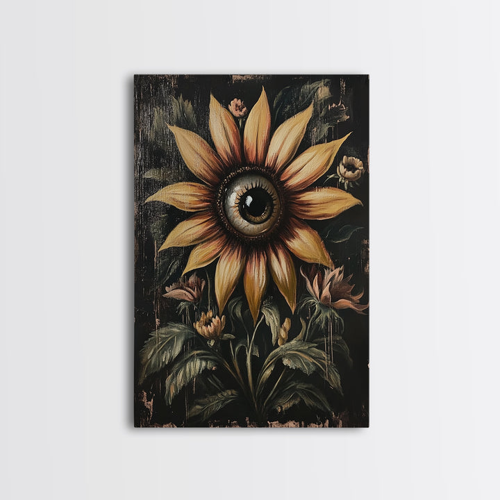 Cyclops Sunflower Framed Canvas Print - Spooky Home Decor - Halloween Wall Art - Dark Academia Macabre Wall Art Goth Botanical Art