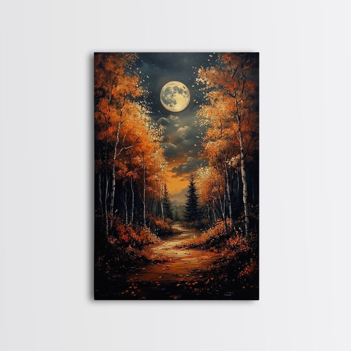 Full Moon Over a Haunted Forest, Framed Canvas Print, Wood Framed Wall Art, Dark Academia Witchy Decor