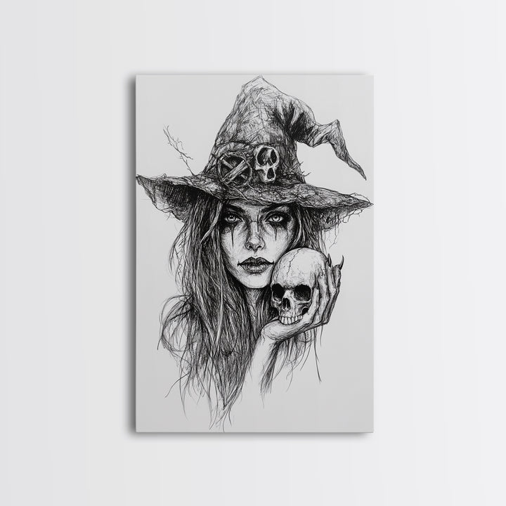 Charcoal Sketch Portrait Of a Witch Canvas Print, Dark Academia Wall Art, Moody Decor, Macabre Home Decor, Witchy Wall Art, Halloween Art