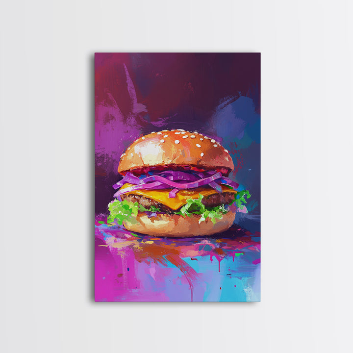 Cheeseburger Oil Painting Canvas Print, Hamburger Wall Art, Kitchen Painting, Kitchen Wall Art, Food Print, Restaurant Decor