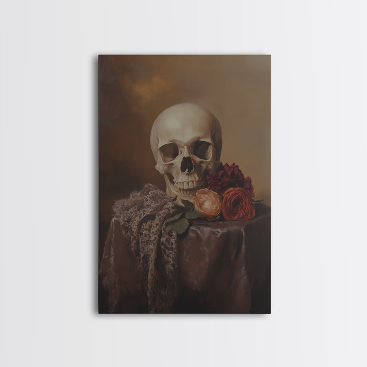 Dark Macabre Wall Art, Framed Canvas Print, Still Life Of a Skull and Roses, Dark Academia Decor, Halloween Art, Halloween Painting, Goth Art