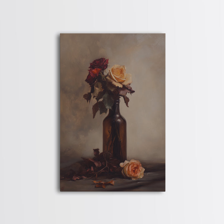 Roses in a Wine Bottle Oil Painting Print, Still Life of Roses, Rose Painting, Rose Art, Moody Decor, Subdued Art