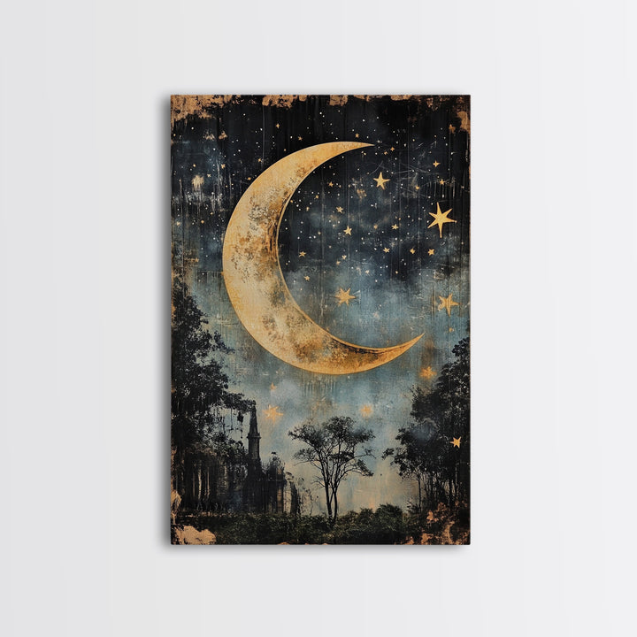Mystical Moon Painting Print, Folk Art Canvas Print, Eerie Atmospheric Wall Art, Subdued and Moody Home Decor, Crescent Moon Painting