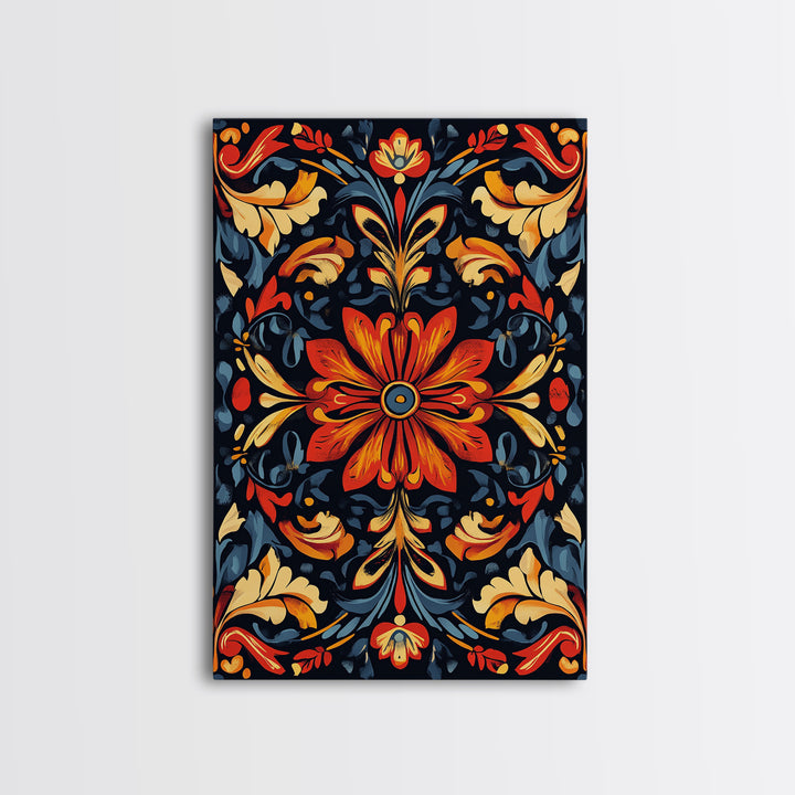 Botanical Floral Tile Pattern Framed Canvas Print, Southwestern Decor, Modern Farmhouse, Pueblo Style Art, Mexicano Chicano Art
