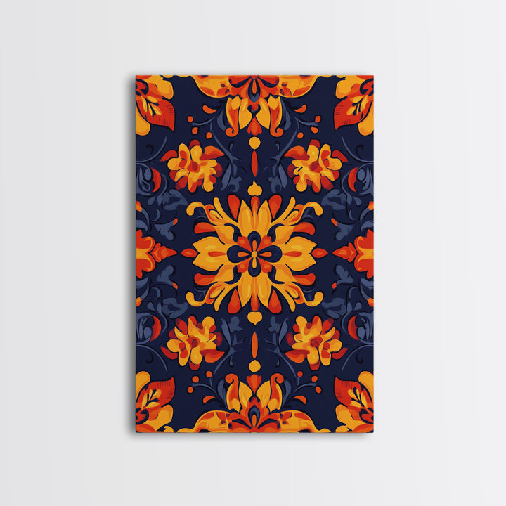 Botanical Pattern Wall Art Framed Canvas Print, Wood Framed Art, Mexicano Art, Mexican Tile Print Wall Art, Chicano Farmhouse Art