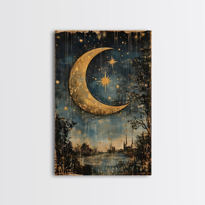 Crescent Moon in Starry Night Sky, Folk Art Framed Canvas Print, Boho Eclectic Decor, Minimalist Witchy Wall Art, Moody Decor