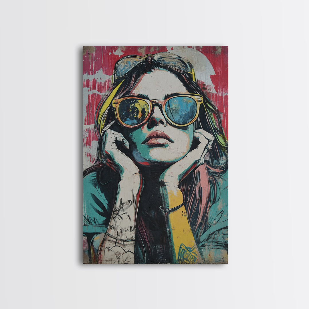 Graffiti Punk Wall Art, Portrait of a Punk Woman Framed Canvas Print