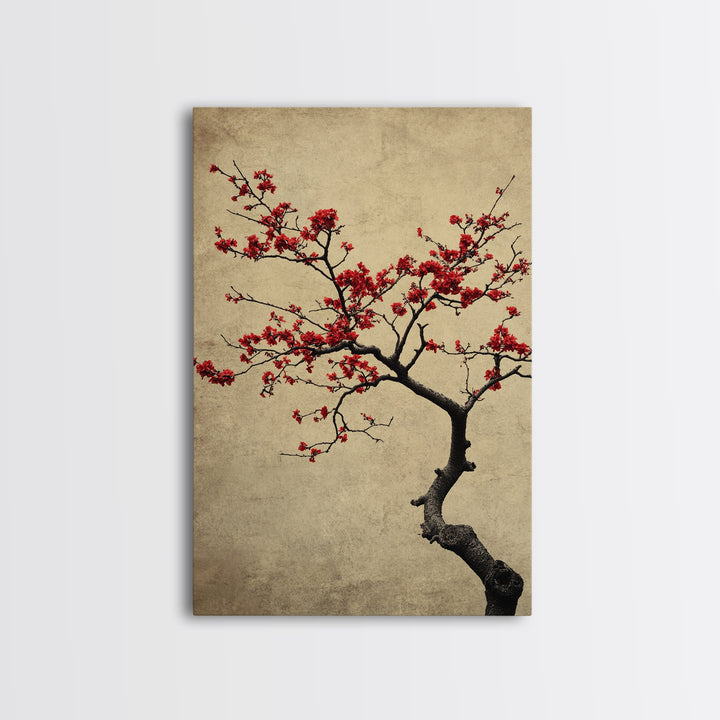 Japanese Maple Tree in Spring, Framed Canvas Print, Cherry Blossoms Painting, Wood Framed Living Room Art, Minimalist Decor