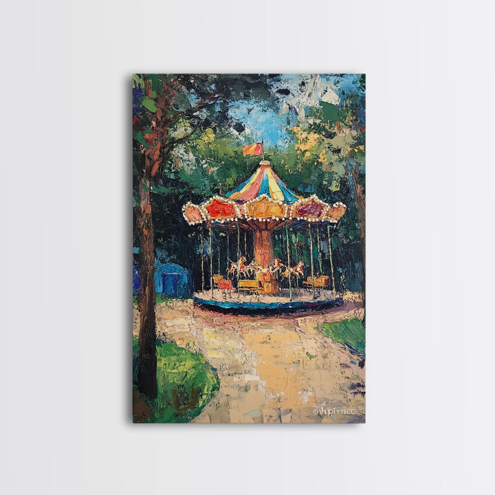Carrousel Wall Art Framed Canvas Print, Oil Painting Carrousel, Circus Decor, Nursery Decor, Kid's Room Wall Art