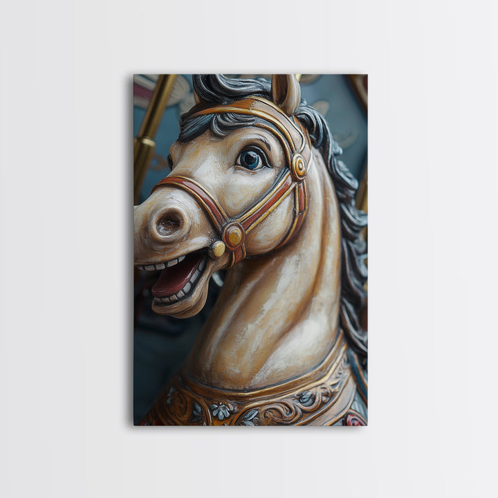 Creepy Carrousel Horse Framed Canvas Print, Nursery Decor, Wood Framed Wall Art Home Decor