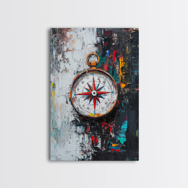 Compass Wall Art Framed Canvas Print, Travel Decor, Vacation Gift, Travel Gift, Home Decor, Compass Painting, Nautical Nursery Decor