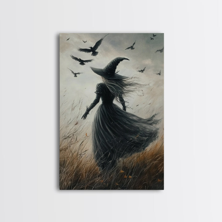 The Witch and her Ravens, Framed Canvas print, Spooky Season Halloween Wall Art, Gothic Home Decor, Witch Wall Art, Halloween Art