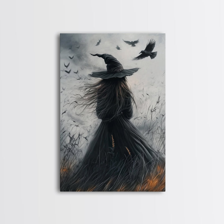 The Witch and her Crows, Framed Canvas print, Spooky Season Halloween Wall Art, Gothic Home Decor, Witch Wall Art, Halloween Art