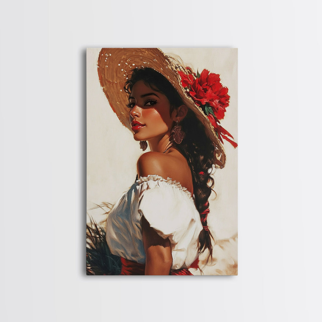 Mexicano Latina Portrait Canvas Print, Romantic Mariachi Wall Decor, Southwestern Modern Art, Rustic Mexicano Wall Art, Chicano Painting