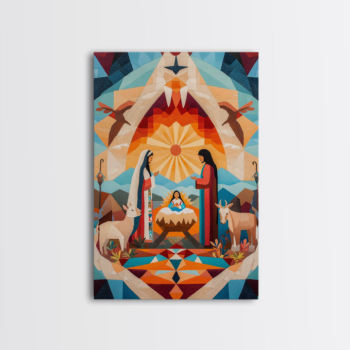 Art Deco Abstract Nativity Painting Print, Canvas Art, Rustic Christmas Wall Art, Christmas Decor, Christmas Painting, Xmas Decor
