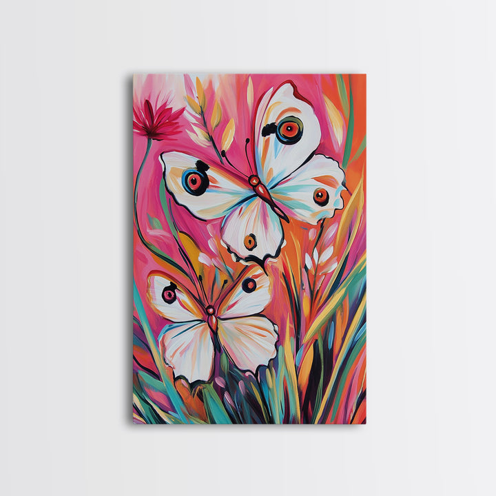 Abstract Painting Print of White Butterflies on Pink Background, Home Decor, Preppty Wall Art, Framed Canvas Print