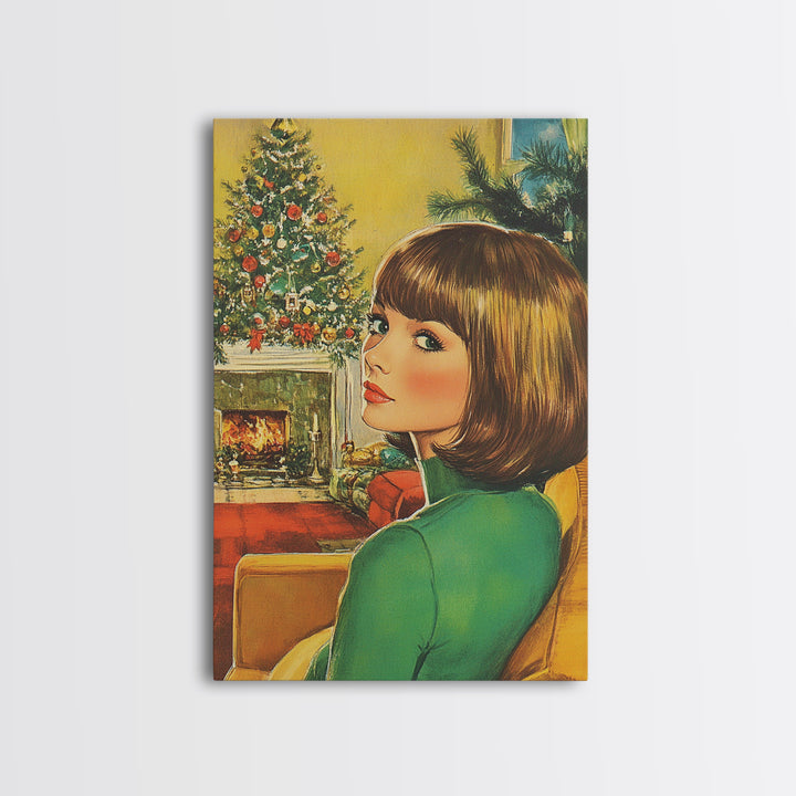 Christmas Postcard Style Art, Home Decor, Christmas Wall Art, Framed Canvas Print, 1950s Christmas Style Wall Art, Christmas Postcard Art