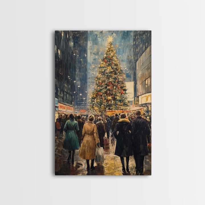 Christmas Village Wall Art Canvas print - Christmas Painting - Christmas Shopeprs in NYC in the 1950s - Christmas Decor - Winter Wall Art