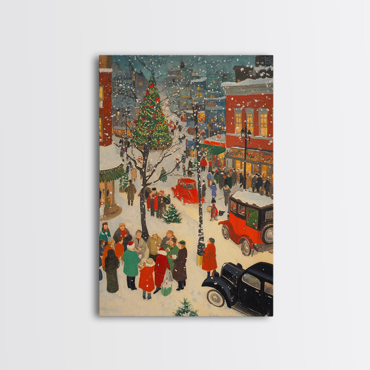 Christmas Village Home Decor - Framed Canvas Print - Retro Christmas Village Painting - Christmas Shoppers Painting - Retro Christmas Decor