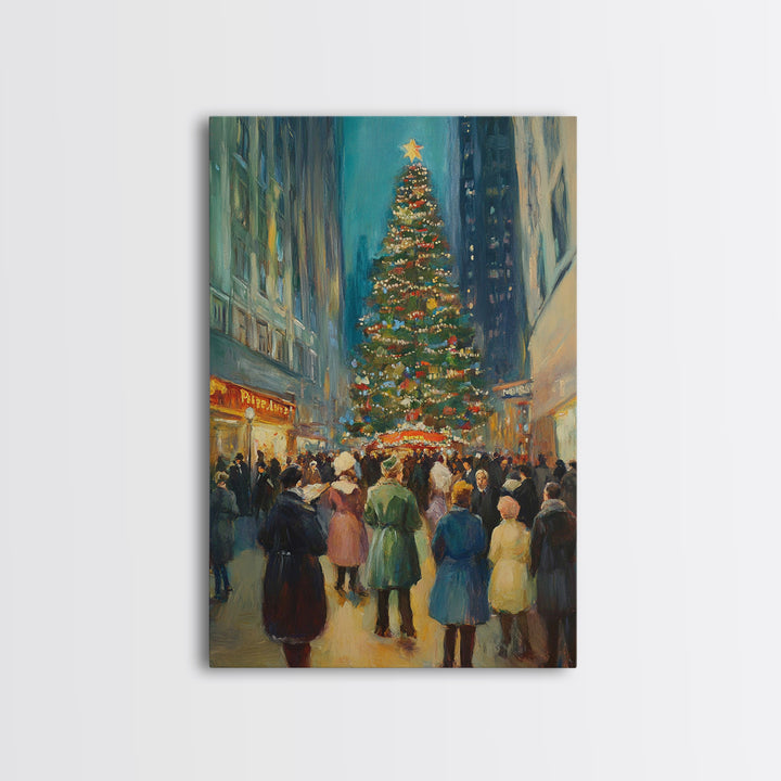 Christmas in Town Sqaure Framed Canvas Print, Retro Christmas Village Wall Art, Christmas Decor, Christmas Wall Art, Farmhouse Christmas