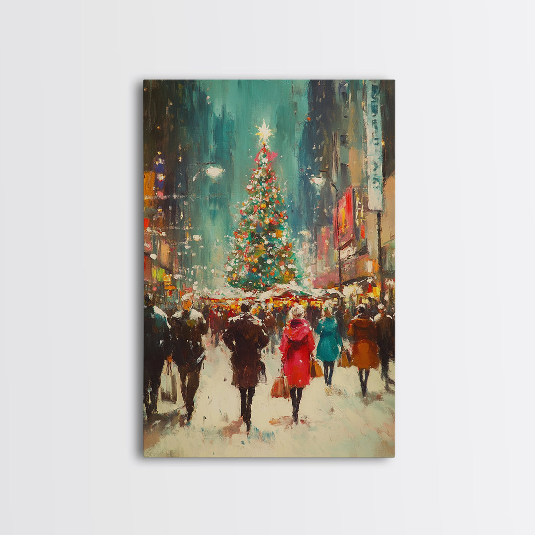 Christmas on The Town Square Framed Canvas Print, Wood Framed Christmas Decor, Holiday Mantle Art, Christmas Centerpiece Wall Art