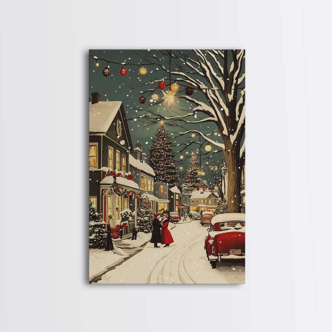 Vintage Christmas Wall Art, Framed Canvas Print, Vintage Art Print, Christmas Village Painting, Christmas Wall Art, Christmas Print