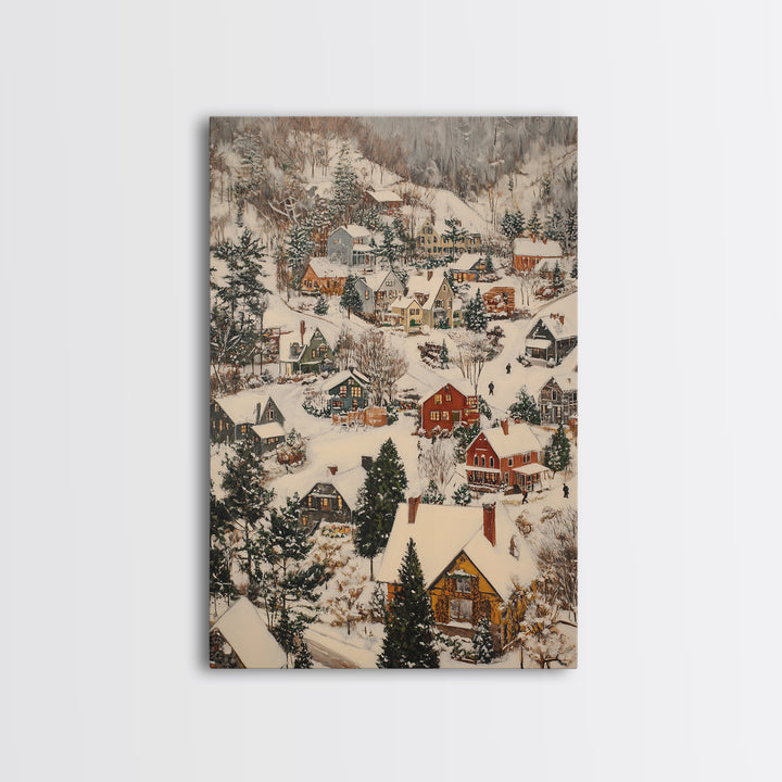 Christmas Village Covered in Snow, Framed Canvas Print, Christmas Oil painting print, Vintage Christmas Art Print, Christmas Wall Art