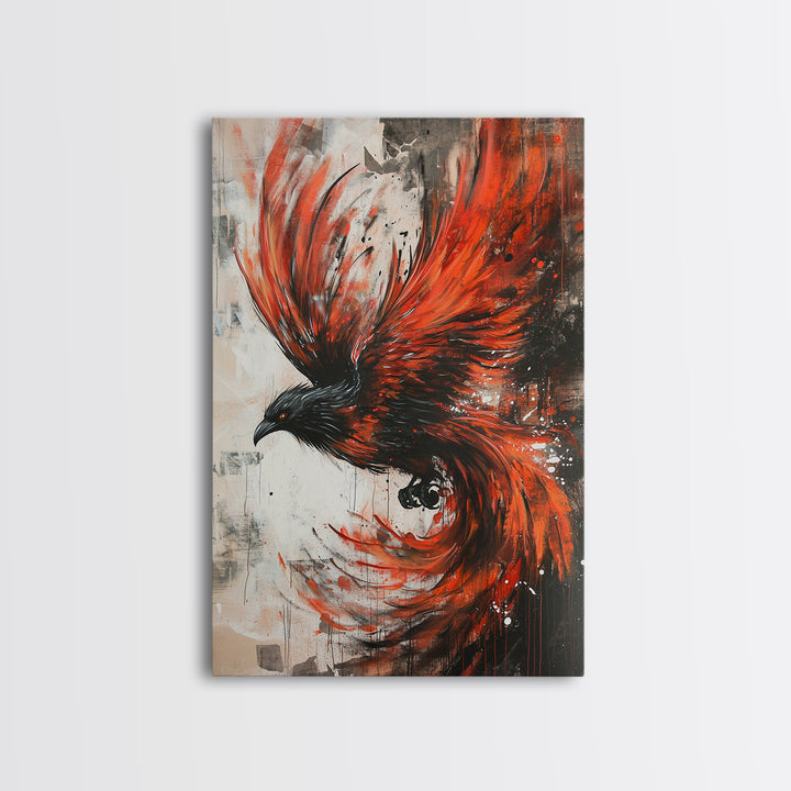Canvas Print Of a Phoenix Painting, Wood Framed Art, Grunge Decor, Loft Art, Phoenix With Flaming Wings Wall Art