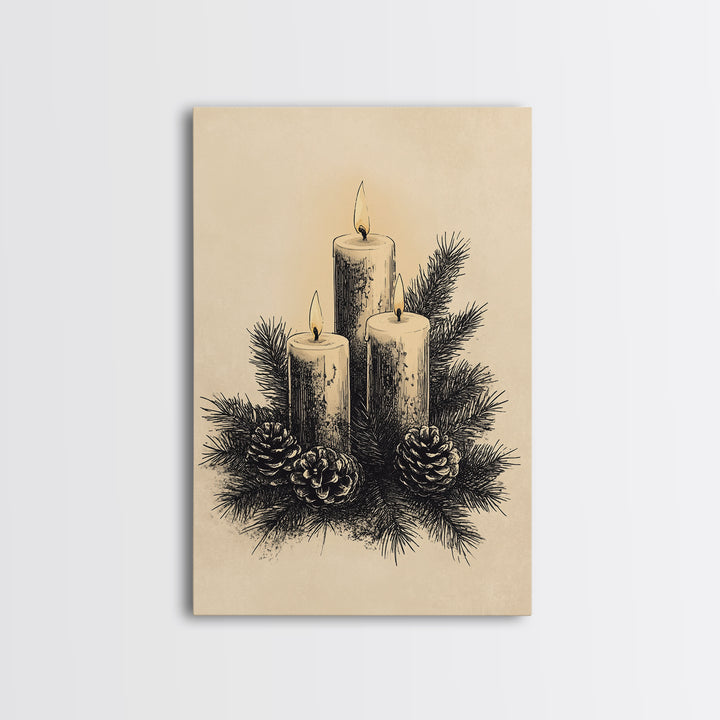 Boho Christmas Candles Canvas Print - Framed Canvas - Minimalist Christmas Art - Boho Christmas Art - Rustic Christmas Art