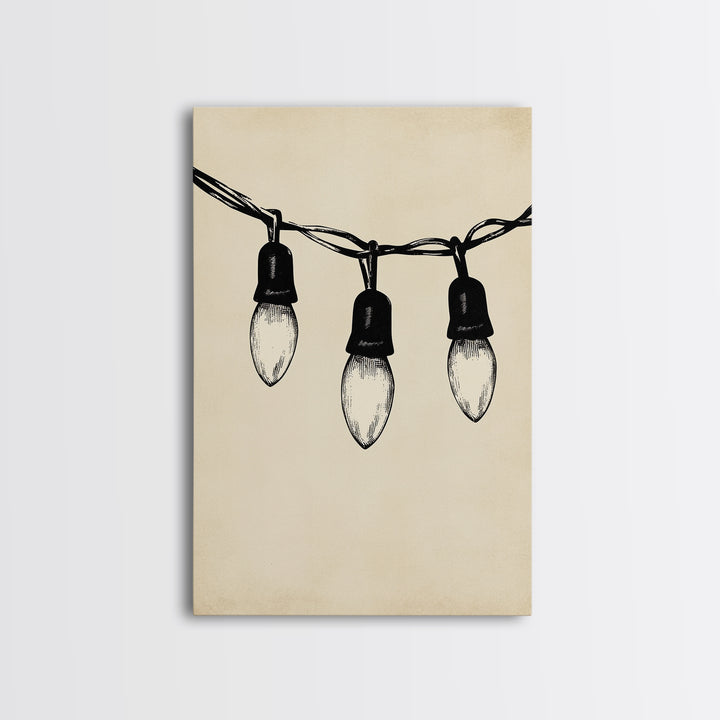 Black and White Sketch of Christmas Lights Canvas Print - Framed Canvas - Minimalist Christmas Art - Boho Christmas Art - Rustic Christmas Art