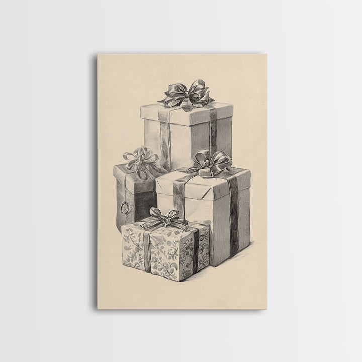 Drawing of Christmas Gifts Canvas Print - Framed Canvas - Minimalist Christmas Art - Boho Christmas Art - Rustic Christmas Art