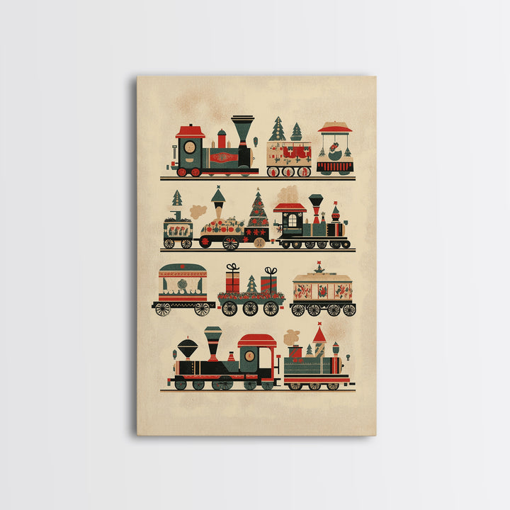Cute Christmas Trains Canvas Print - Framed Canvas - Minimalist Christmas Art - Boho Christmas Art - Rustic Christmas Art
