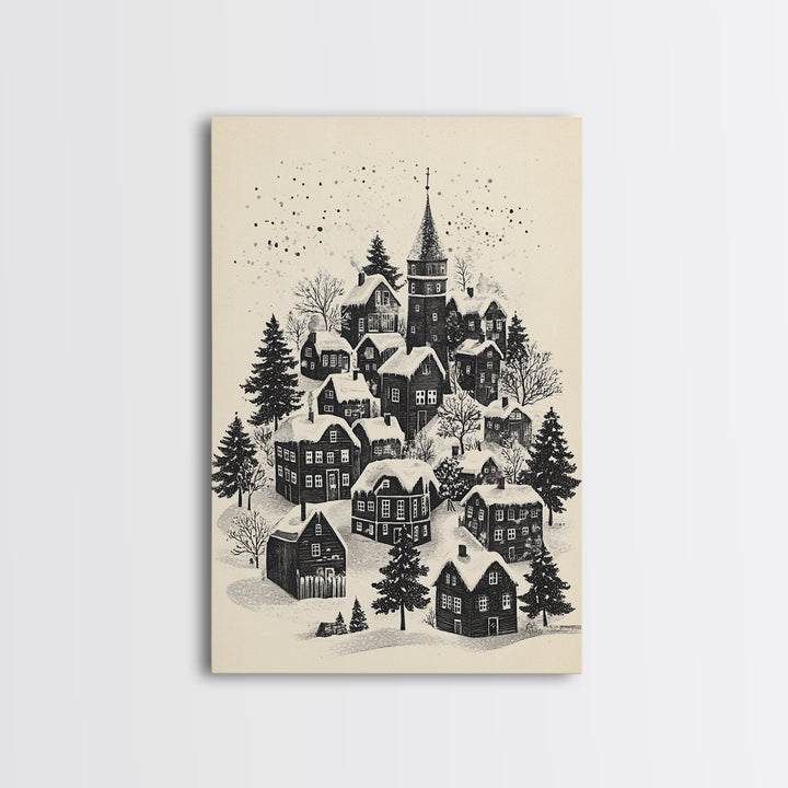 Black and White Sketch of A Christmas Village Canvas Print - Framed Canvas - Minimalist Christmas Art - Boho Christmas Art - Rustic Christmas Art
