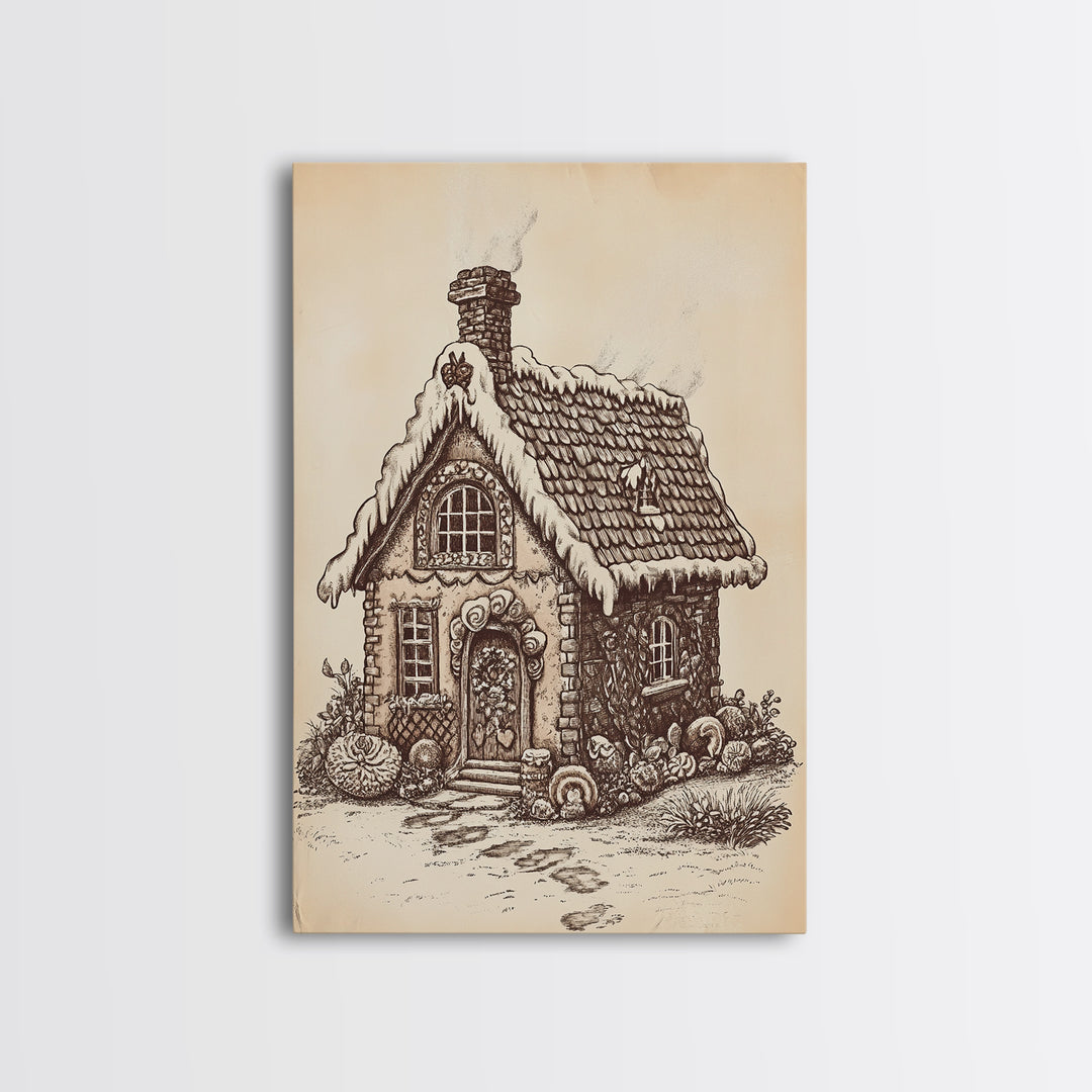 Ginger Bread House Canvas Print - Framed Canvas - Minimalist Christmas Art - Boho Christmas Art - Rustic Christmas Art