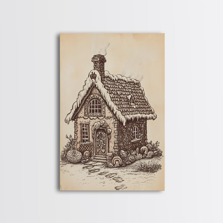 Ginger Bread House Canvas Print - Framed Canvas - Minimalist Christmas Art - Boho Christmas Art - Rustic Christmas Art
