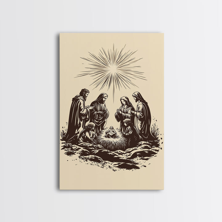 Nativity Scene Canvas Print - Framed Canvas - Minimalist Christmas Art - Boho Christmas Art - Rustic Christmas Art - Nativity Painting