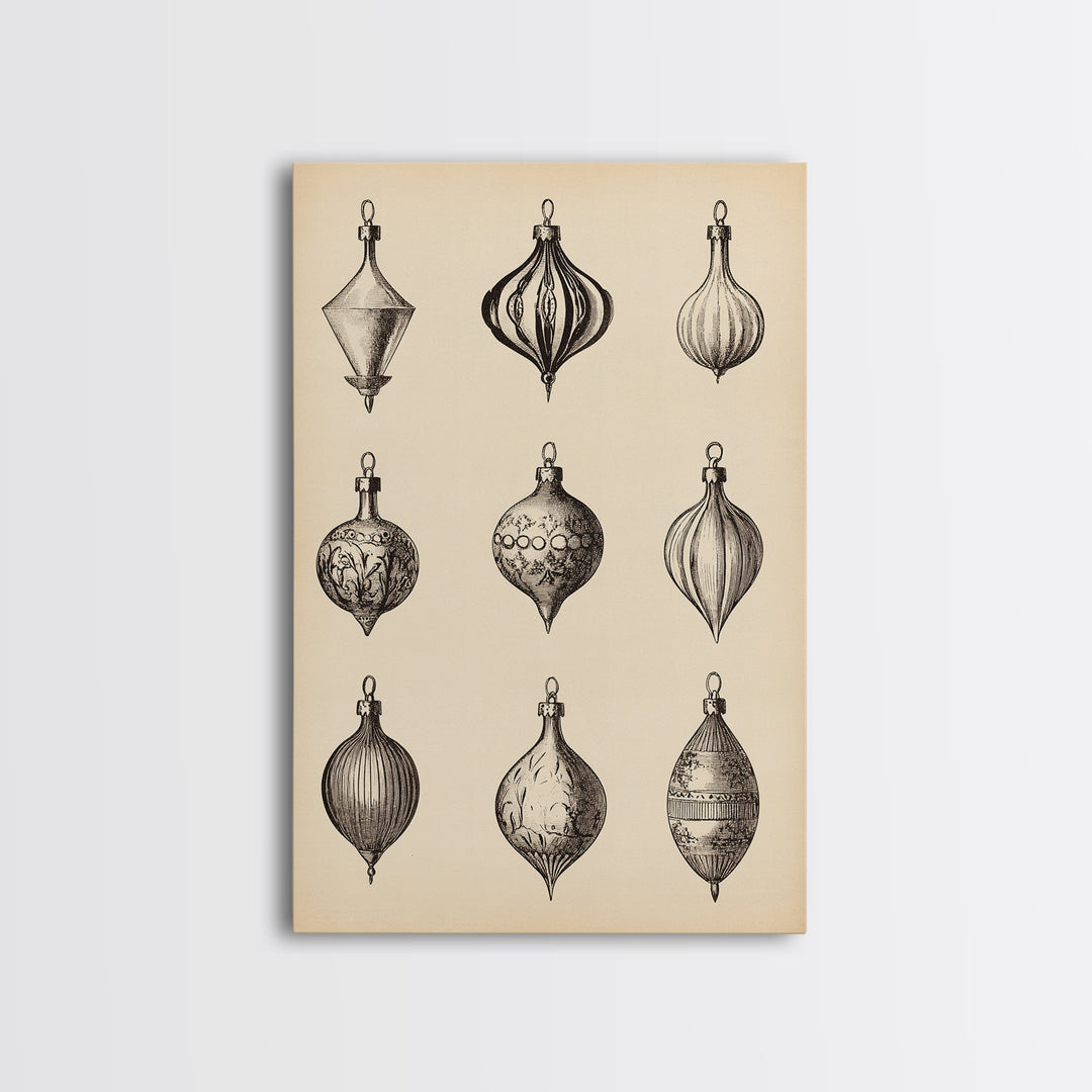 Retro Christmas Ornaments Canvas Print - Framed Canvas - Minimalist Christmas Art - Boho Christmas Art - Rustic Christmas Art