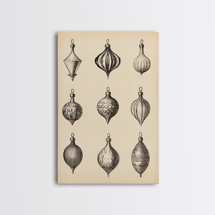 Retro Christmas Ornaments Canvas Print - Framed Canvas - Minimalist Christmas Art - Boho Christmas Art - Rustic Christmas Art