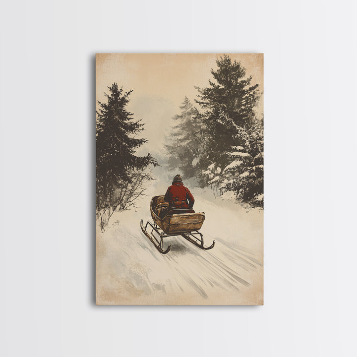 Christmas Sleigh Ride Canvas Print - Framed Canvas - Minimalist Christmas Art - Boho Christmas Art - Rustic Christmas Art