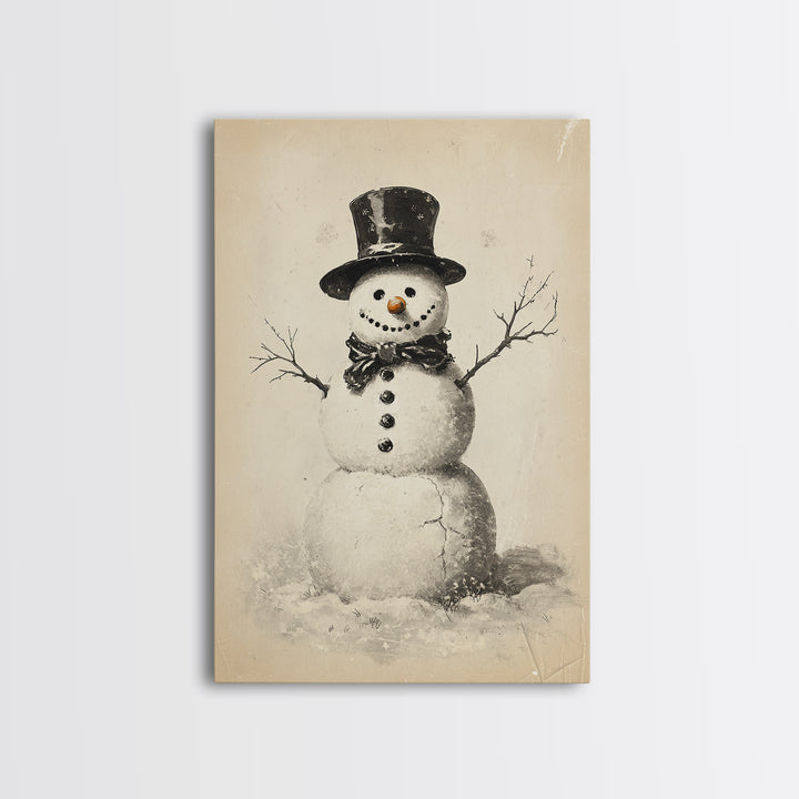 Retro Snowman Canvas Print - Framed Canvas - Minimalist Christmas Art - Boho Christmas Art - Rustic Christmas Art