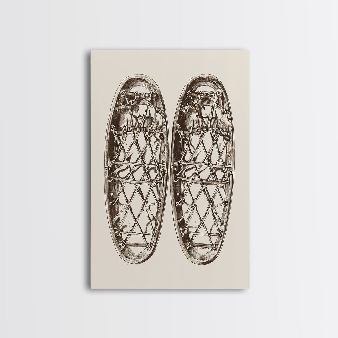 Vintage Snow Shoes Canvas Print - Framed Canvas - Minimalist Christmas Art - Boho Christmas Art - Rustic Christmas Art