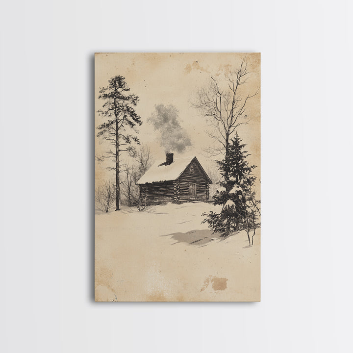 Christmas Cabin Canvas Print - Framed Canvas - Minimalist Christmas Art - Boho Christmas Art - Rustic Christmas Art