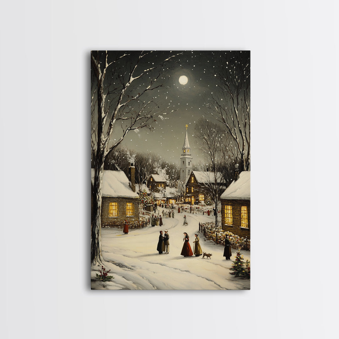 Huge Christmas Tree In The Town Square, Christmas Village Wall Art, Framed Canvas Print, Christmas Canvas Art