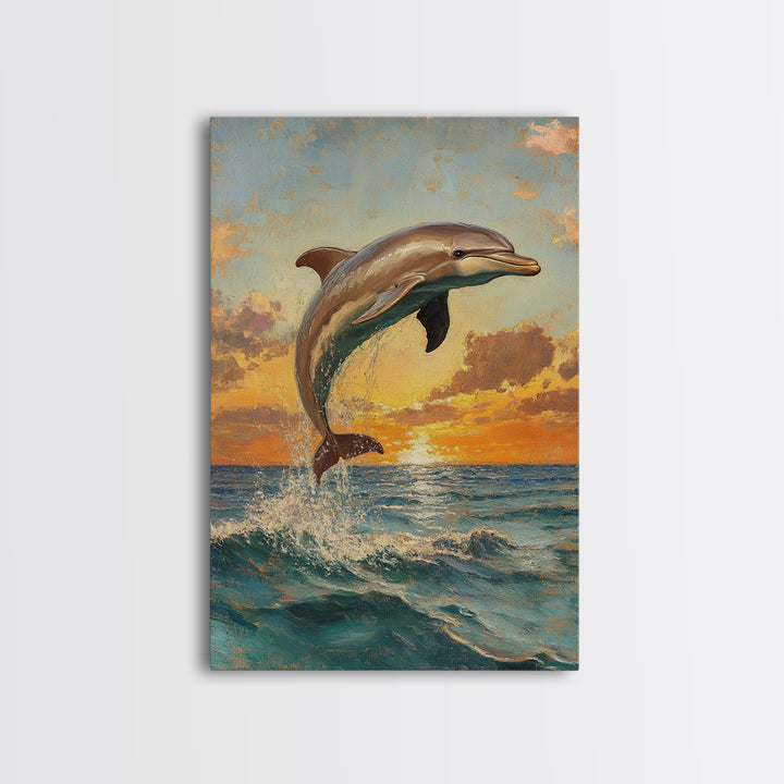 Dolphin Jumping At Sunset, Framed Canvas Print, Dolphin Painting, Dolphin Decor, Dolphin Wall Art