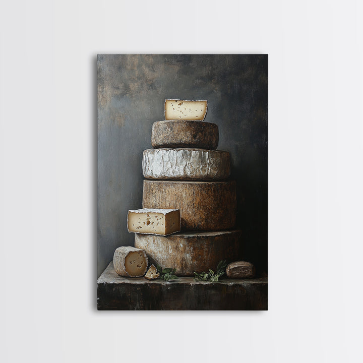 Cheese Wall Art Framed Canvas Print, Cheese Still Life, Cheese Painting, Kitchen Decor, Dining Room Wall Art, Rustic Farmhouse Kitchen Art