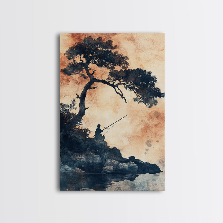Japanese Fisherman Under a Bonzai Tree, Wabi Sabi Minimalist Decoe, Framed Canvas Print, Fishing Art, Fisherman Gift