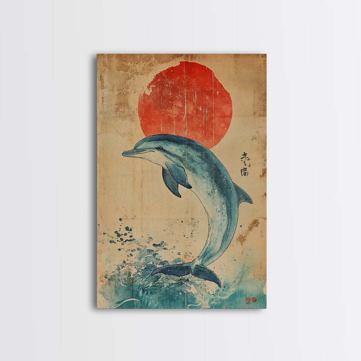 Dolphin Jumping Under A Sunset Over the Ocean Framed Canvas Print, Wabi Sabi Nautical Home Decor, Minimalist Wall Art, Office Decor