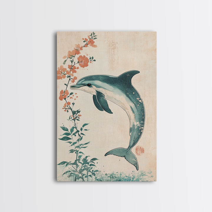 Cherry Blossoms and Dolphins, Framed Canvas Print, Home Decor, Wabi Sabi Dolphin Painting, Minimalist Decor, Living Room Art, Bedroom Art