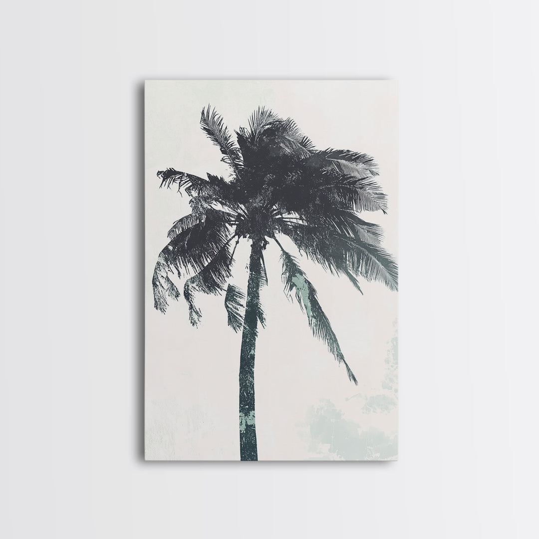 Palm Tree In The Wind, Framed Canvas Print, Wabi Sabi Watercolor Painting of a Palm Tree, Statement Piece Art